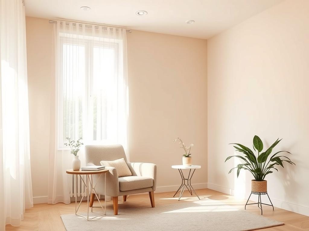 A serene therapy room with a soft toned interior, featuring