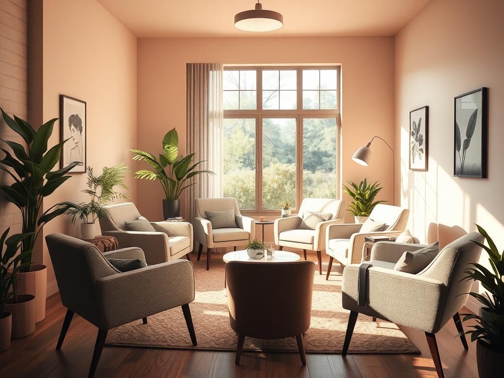 A cozy group therapy setting with a circle of comfortable