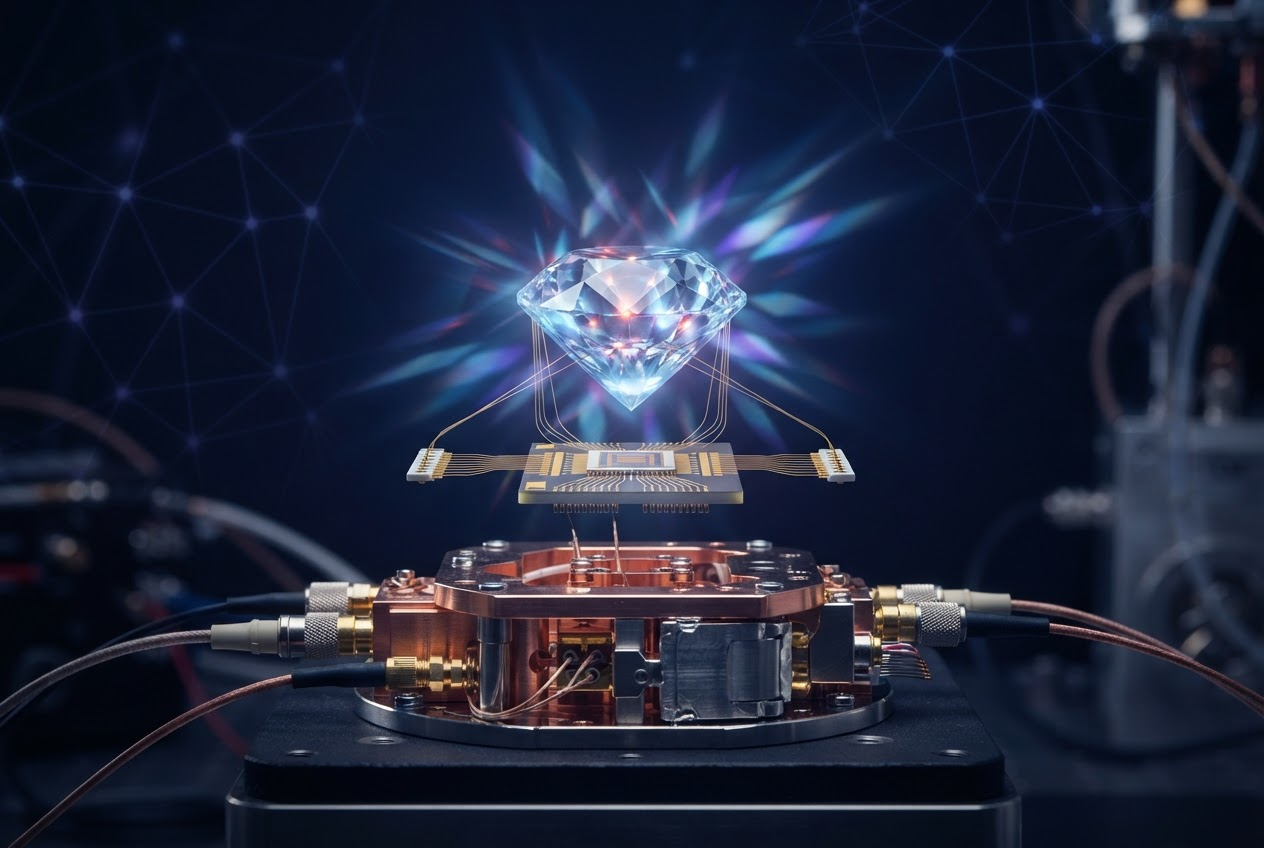 Diamond nitrogen-vacancy quantum processor refracting ice-blue and amethyst light above a cryogenic stage