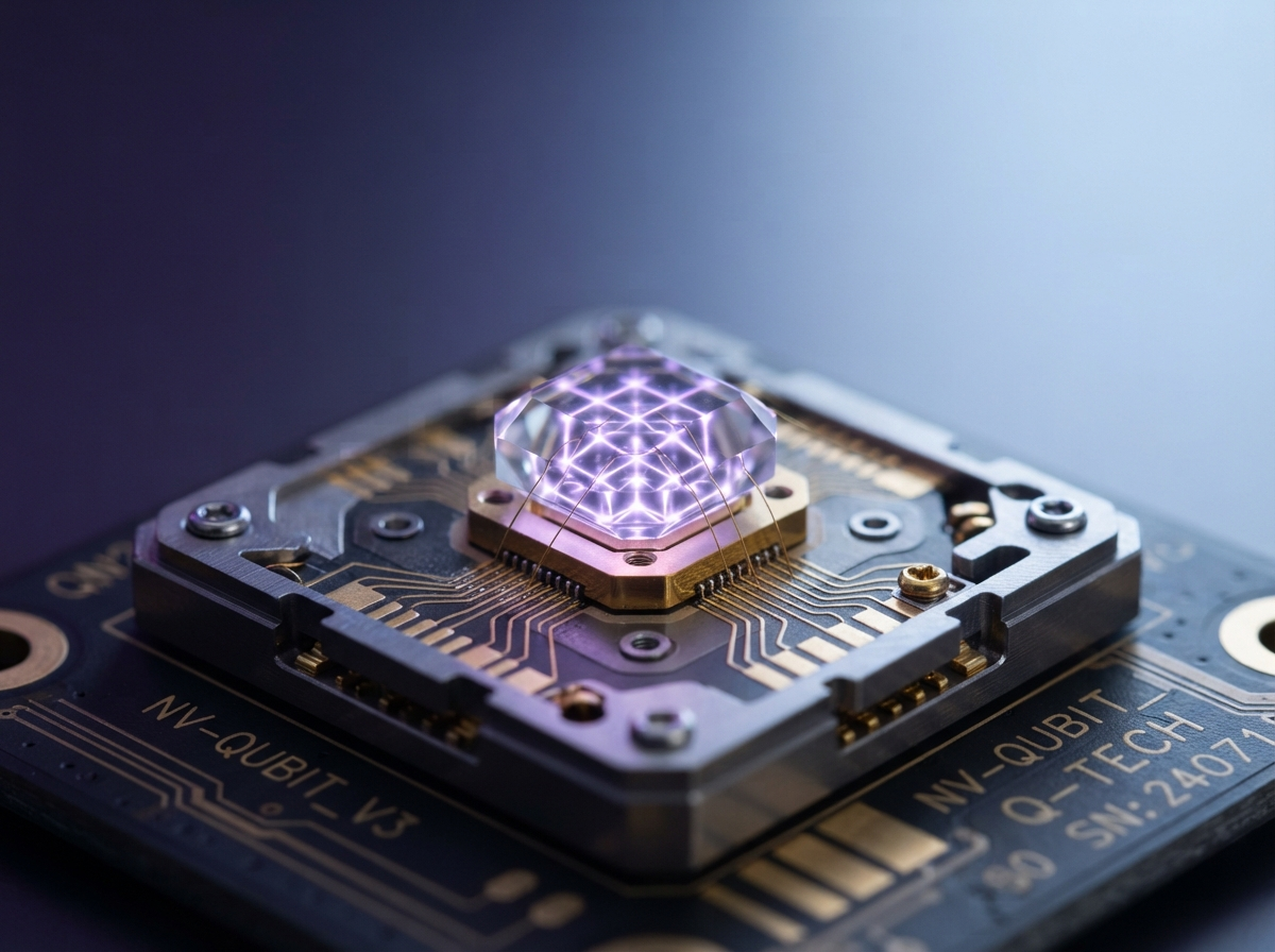 Polished synthetic diamond qubit module glowing with violet NV-center emission