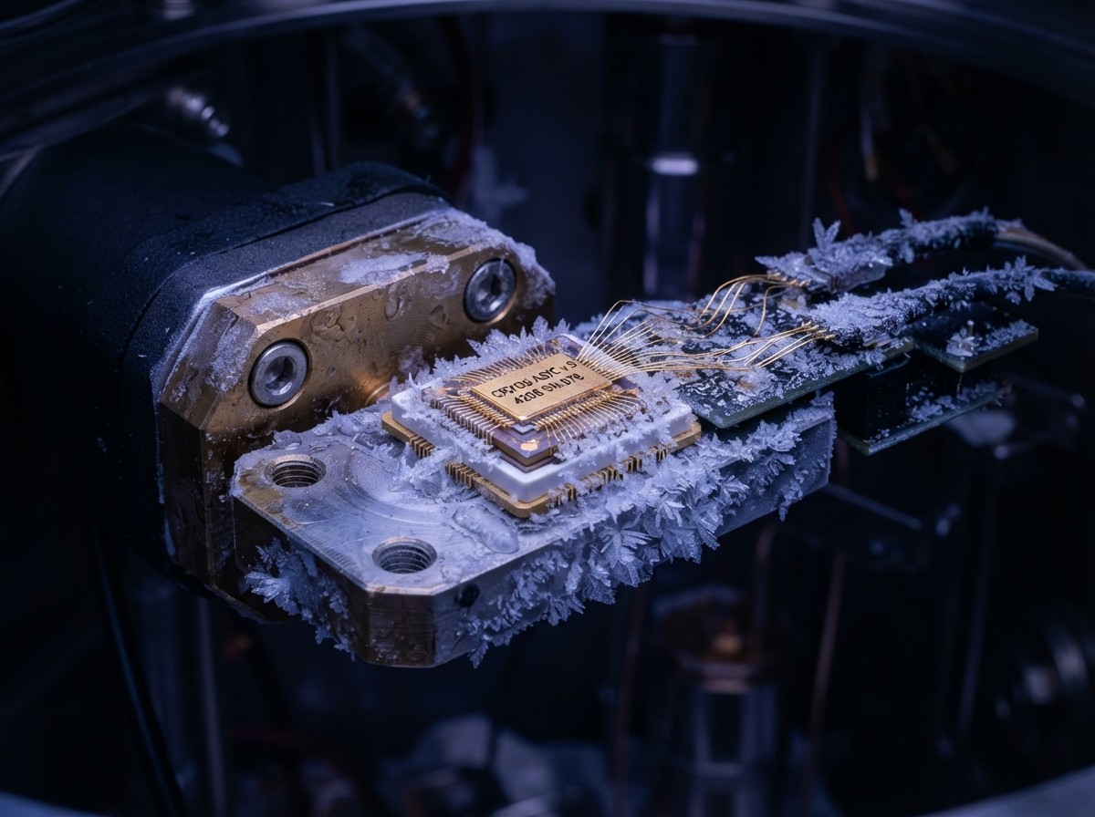 Cryogenic CMOS control module on a cryostat cold-finger with frost forming at edges