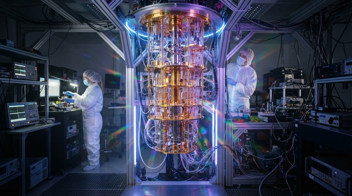 Quantum engineering laboratory with dilution refrigerator and cleanroom engineers