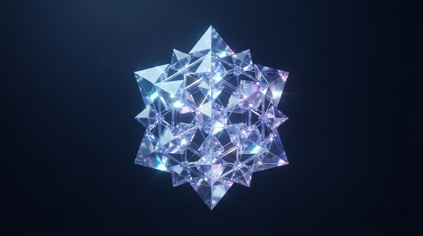 Abstract crystalline diamond lattice with prismatic ice-blue and violet light refraction