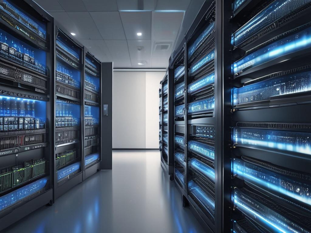 A hyper-realistic close-up photo of a sleek, modern cloud computing server rack with glowing blue LED lights, shot with a 45mm f/1.2 lens style. The background is softly blurred with hints of the #062767 primary color, emphasizing the advanced technology and secure cloud infrastructure. The focus is sharp on the server components, showcasing the reliability and sophistication of cloud solutions.