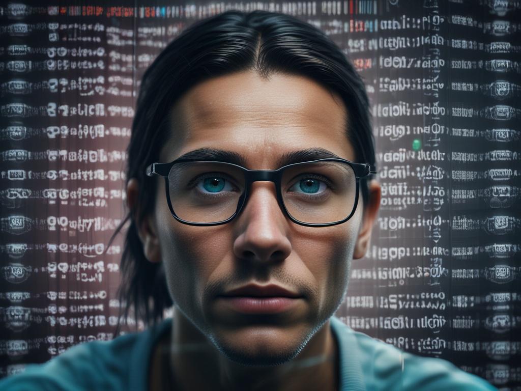 A hyper-realistic close-up shot of a cybersecurity analyst's focused eyes reflected in a computer screen filled with code and security graphs, captured with a 45mm f/1.2 lens style. The background features subtle #062767 lighting, conveying a high-tech, vigilant atmosphere.