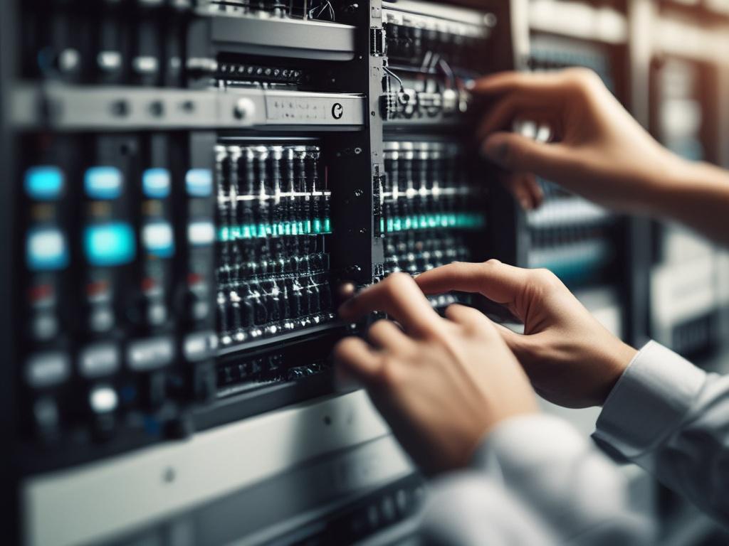 A close-up shot of a network engineer's hands adjusting a network switch in a server room, captured with a 45mm f/1.2 lens style. The focus is sharp on the hands and the network equipment, with blurred background lights in shades compatible with #062767, emphasizing a professional, high-tech environment.