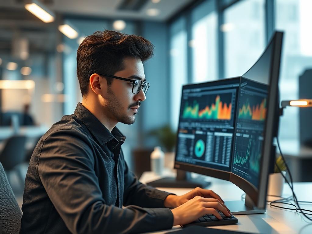A high-resolution close-up shot of a data analyst working on a computer, analyzing complex data visualizations on the screen. The background is a sleek, modern office environment with soft lighting that highlights the focused expression of the analyst. Use a 45mm f/1.2 lens style to create a shallow depth of field, ensuring the subject is in sharp focus while the background softly blurs. The primary color theme should incorporate rgb(50, 170, 39) to evoke a sense of reliability and professionalism.