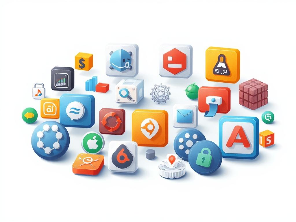 Create a high-quality illustration showcasing various automation frameworks. The image should feature distinct icons representing different automation tools, arranged in a visually appealing manner. The background should be simple and unobtrusive, allowing the icons to stand out. The icons should be rendered in a lifelike realistic painting style, with attention to detail, color, and shading. Ensure the color palette includes the primary color rgb(248, 140, 2) for some of the icons to create a cohesive look