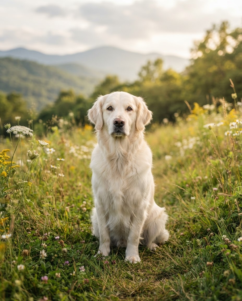 Sunday, cream golden retriever dam, in a sunny meadow
