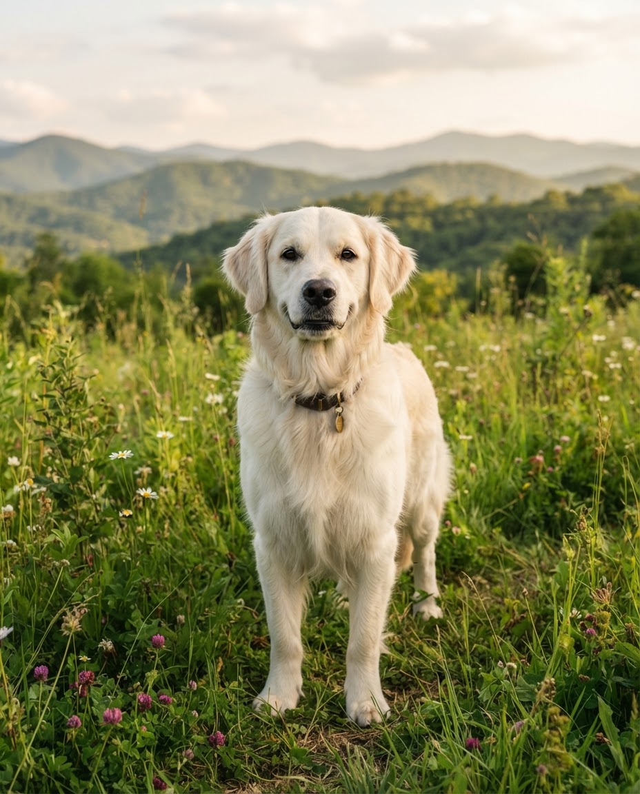 Mountain, cream golden retriever sire in a Blue Ridge meadow