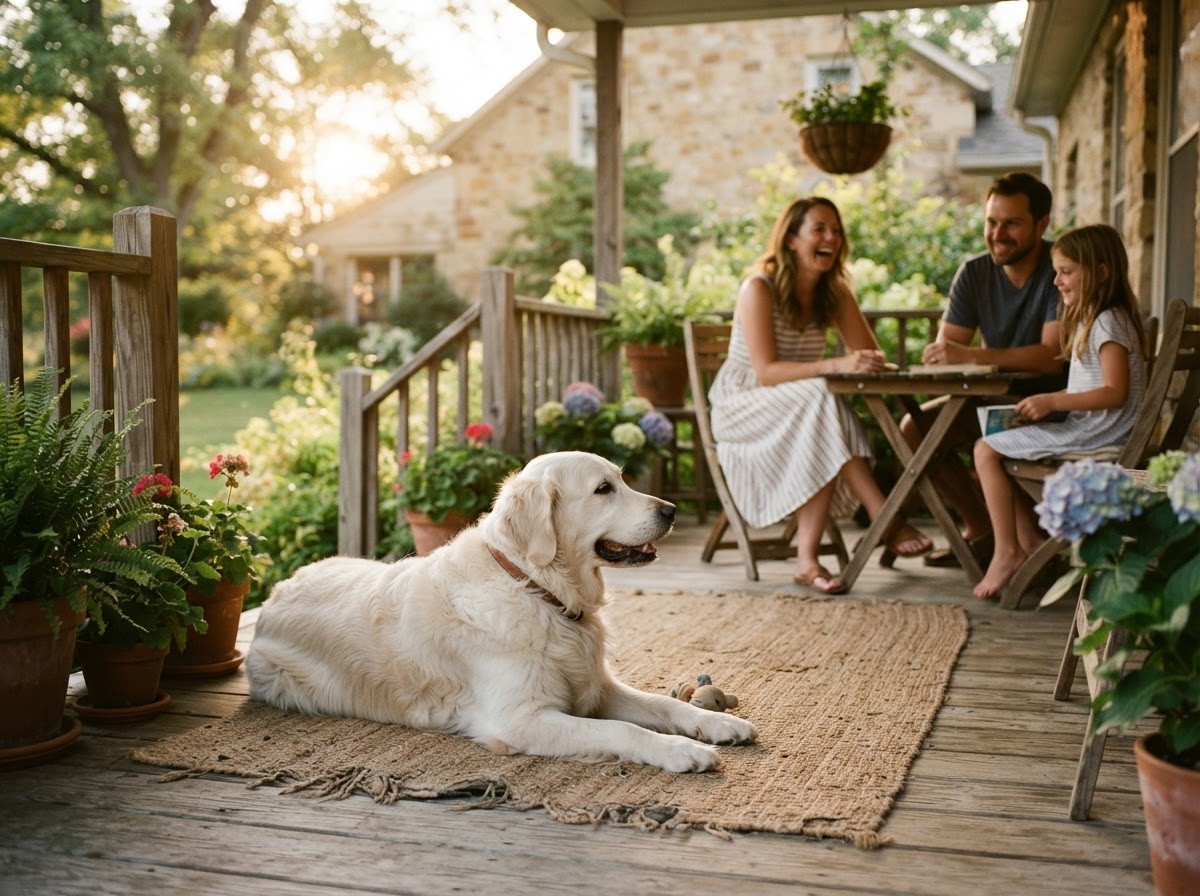A grown Cedar Hollow golden relaxing on the porch with family