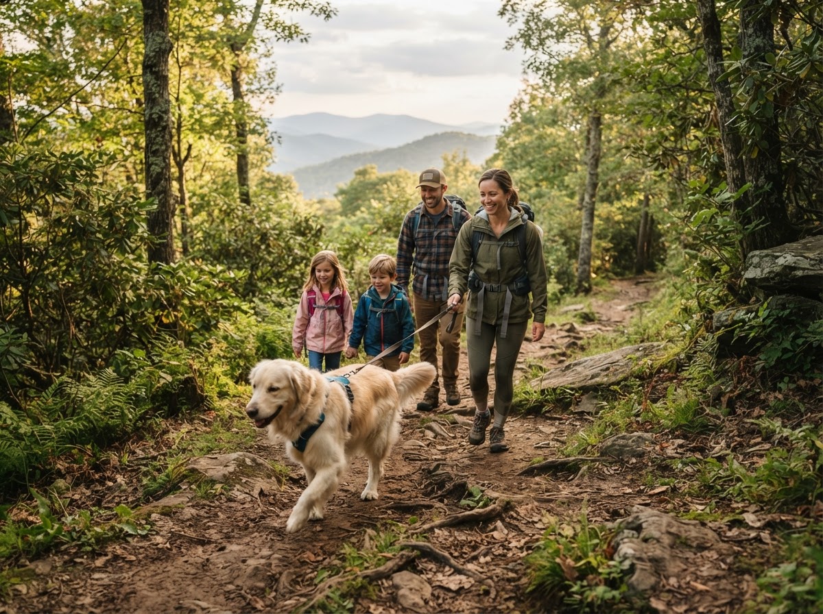 A grown golden on a Blue Ridge trail with family