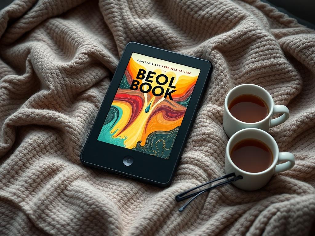 A high-resolution photo of an e-reader displaying a colorful digital book cover, placed on a cozy blanket with a steaming cup of tea and a pair of reading glasses nearby.