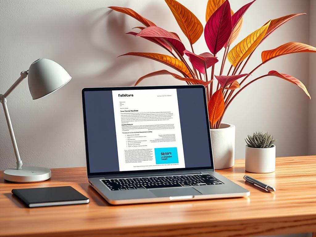 A high-resolution photo of a stylish digital document displayed on a minimalist desk with a laptop and a colorful plant in the background, focusing on the document's design and layout.