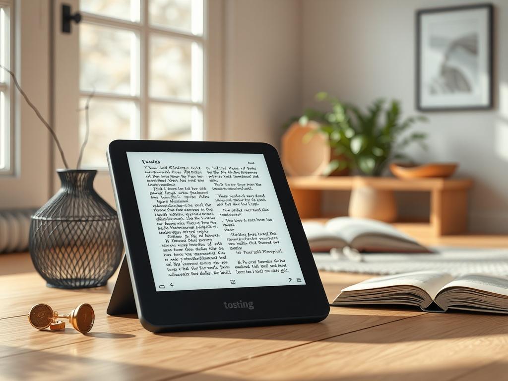 A realistic high-resolution image showcasing an e-reader displaying a digital book with the cover visible. The background features a cozy reading nook with natural light and a minimalistic, inviting atmosphere.
