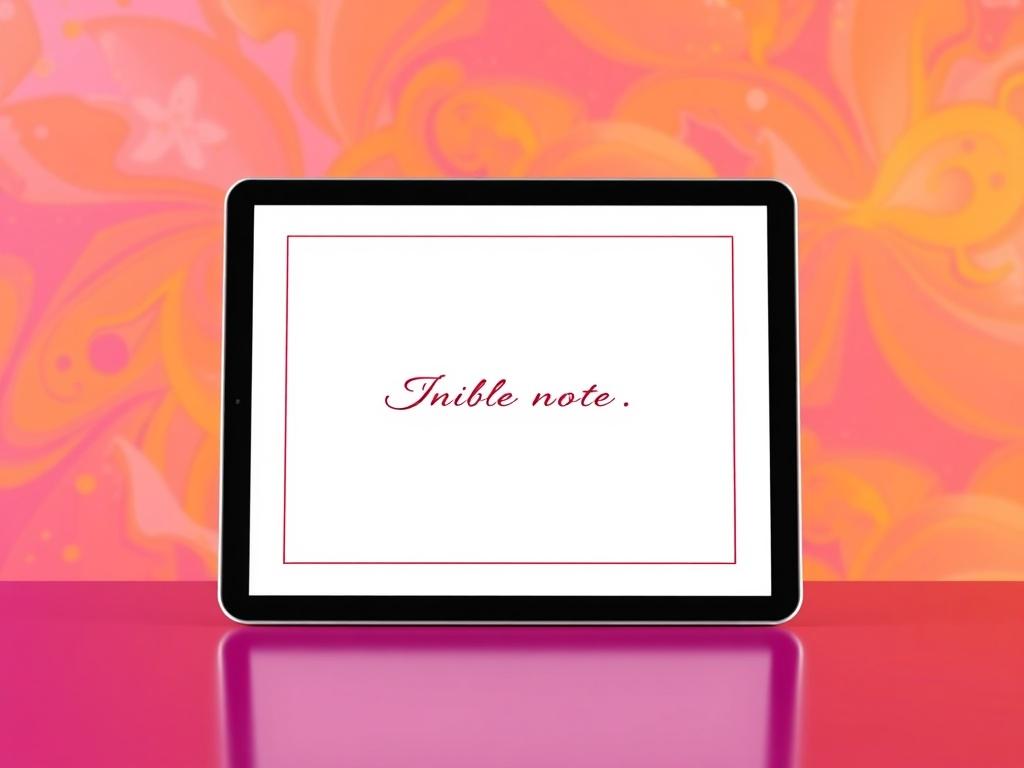 A realistic high-resolution image of a digital stationery template displayed on a tablet, with a vibrant, colorful background. The design should be sleek and modern, showcasing an invitation or note with elegant typography.