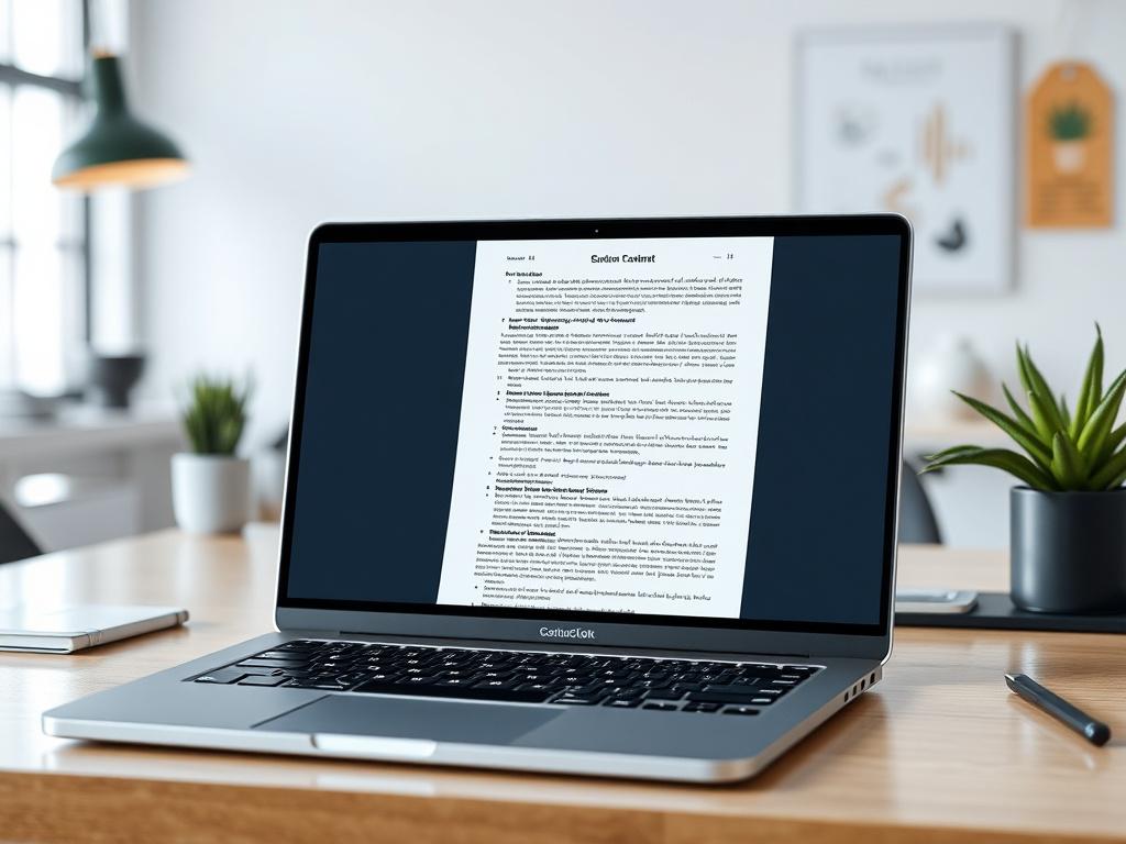 A realistic high-resolution image of a digital document on a laptop screen, with vibrant colors and a clean, modern workspace background. The document should be visible and show detailed text, with a minimalistic design emphasizing clarity and usability.