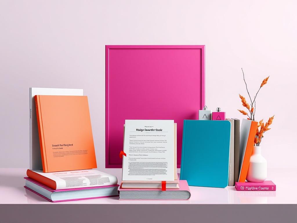 A vibrant and minimalistic product display showcasing a selection of digital documents and books. The composition should be simple and clean, focusing on the products without any clutter. Use bold colors, particularly incorporating the #C31755 primary color. The background should be bright and inviting, enhancing the appeal of the products. Ensure the image is high-resolution and photorealistic, with an emphasis on the digital nature of the items.