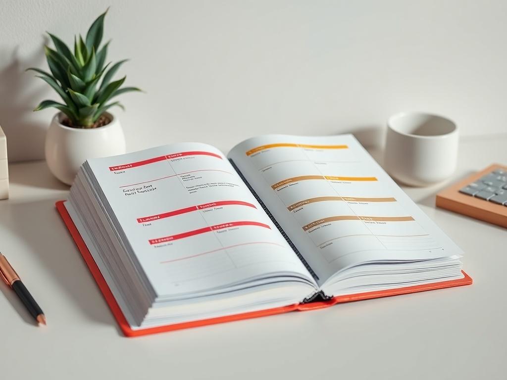 An aesthetically pleasing open planner on a desk, showcasing beautifully designed pages with colorful headers. The background should feature a soft, neutral color palette with minimalistic decor elements like a small plant and a coffee cup, emphasizing a calm and organized workspace.