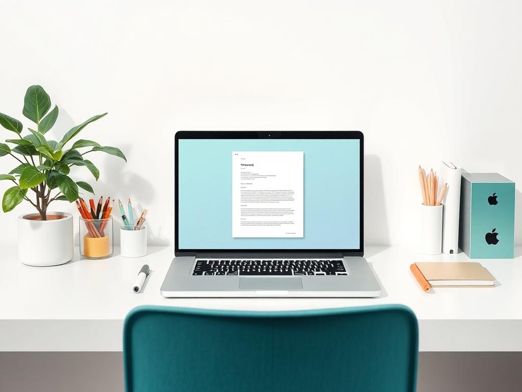 A clean workspace featuring a laptop open to a digital document template on the screen. The surrounding area should be neatly organized with stationery items and a plant, creating a fresh and inviting atmosphere. The focus should be on the digital document displayed on the laptop.