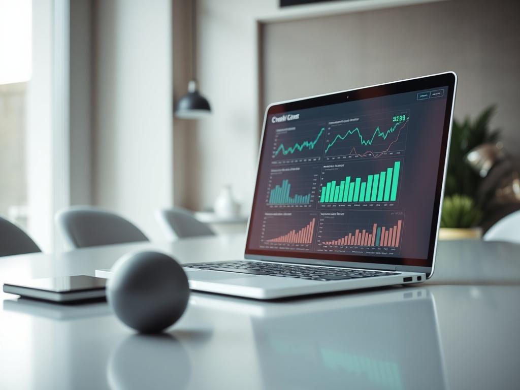 A hyper-realistic close-up shot of a modern office desk with a laptop displaying financial graphs and credit analytics on the screen. The background features soft, blurred elements of a contemporary office environment. The desk is sleek and minimalistic, emphasizing a clean and innovative fintech atmosphere. The color palette includes shades of green and white to align with the primary color rgb(50, 170, 39). The image should capture the essence of digital innovation and financial empowerment.