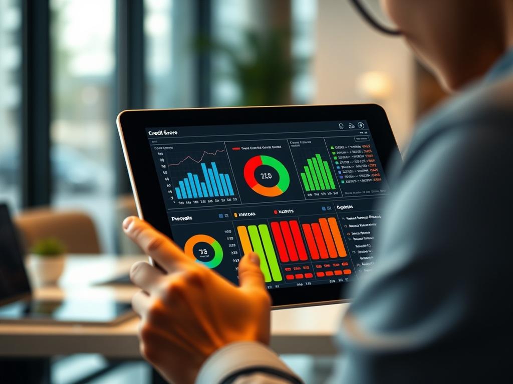A hyper-realistic close-up of a person analyzing credit score metrics on a tablet. The background should feature a contemporary office setting with soft lighting, emphasizing the digital interface. The composition should highlight the tablet screen displaying colorful credit score graphs, shot with a 45mm f/1.2 lens.