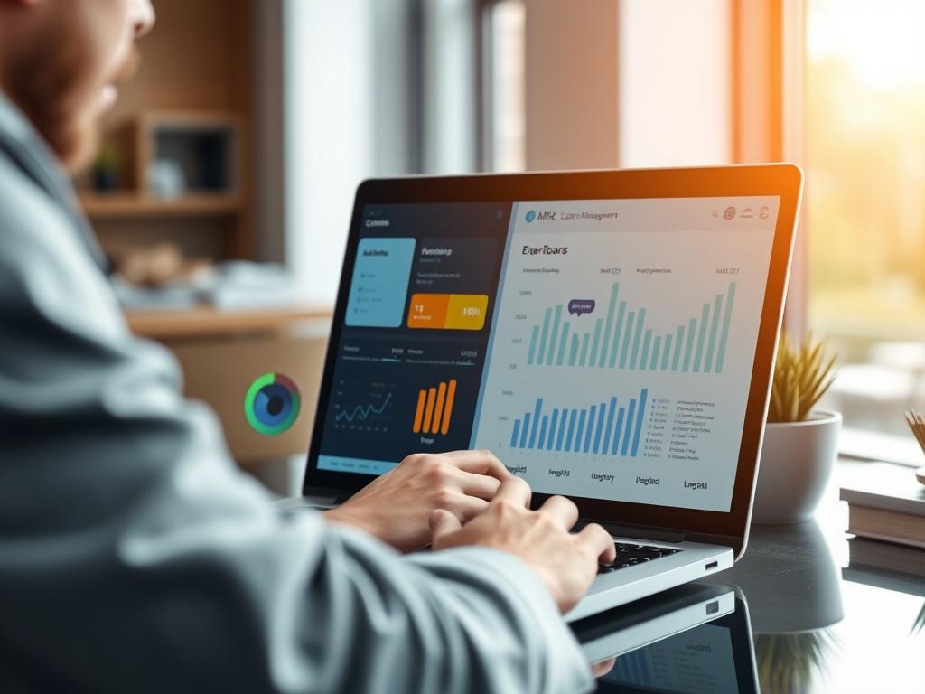 A hyper-realistic close-up of a user interacting with an automated loan management software interface on a laptop. The background should reflect a modern workspace with clean lines and a professional ambiance. The composition should focus on the laptop screen showcasing the software's user-friendly dashboard, shot with a 45mm f/1.2 lens.