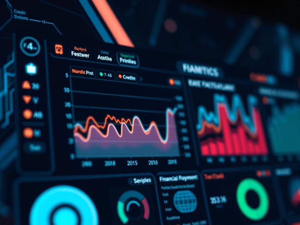 A hyper-realistic close-up of a modern digital dashboard displaying financial analytics and credit solutions. The background should be sleek and minimalistic, featuring subtle tech-inspired designs. The composition should focus on the dashboard's vibrant graphs and data visualizations, shot with a 45mm f/1.2 lens.