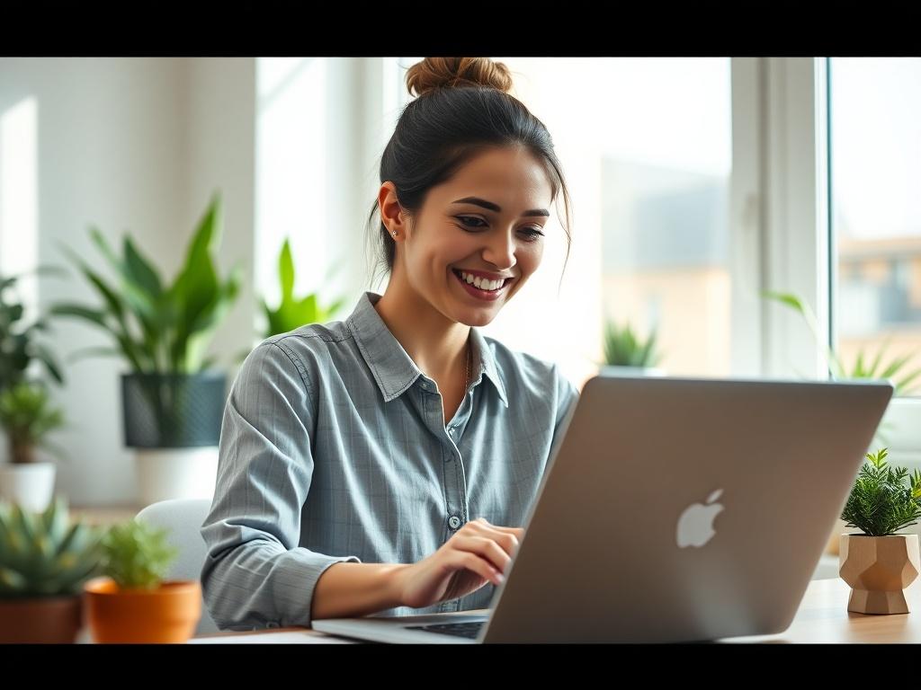 A close-up shot of a confident young professional woman smiling while using a laptop, sitting in a bright, modern home office. The background features a tidy workspace with plants and soft natural light. The image should be hyper-realistic with vibrant colors, focusing on her engaging expression and the laptop screen displaying financial graphs. Use an RGB color palette that includes rgb(50, 170, 39) for accents.