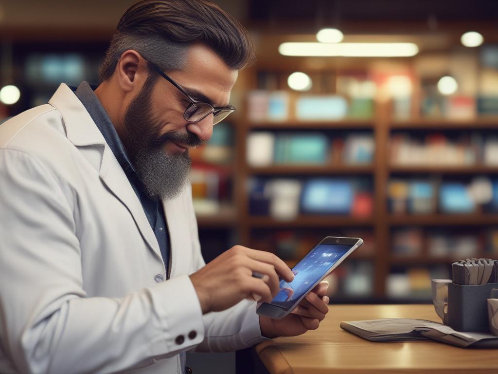 A close-up shot of a merchant using a tablet to monitor transactions. The background should feature a busy retail environment, subtly blurred to emphasize the tablet and the merchant's engagement with the device. Natural lighting should highlight the merchant's focused expression, showcasing the ease of managing business operations.