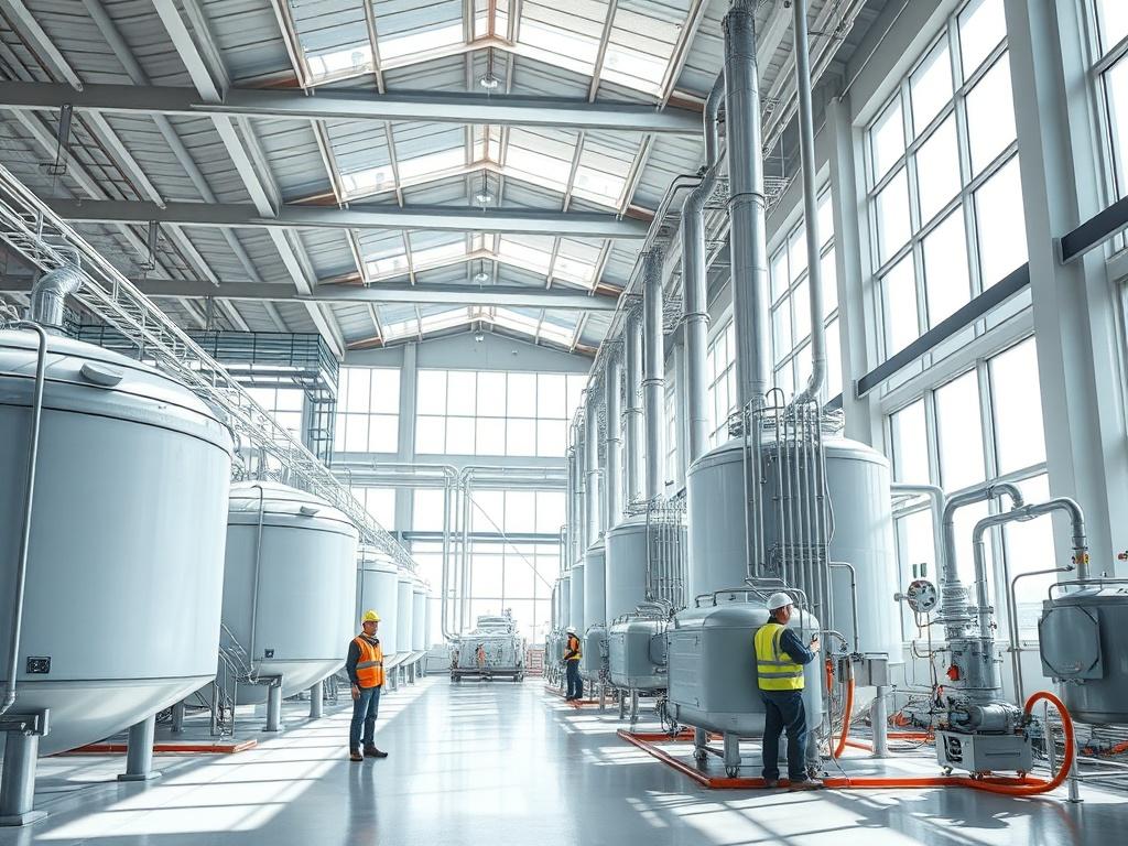 A high-resolution image of a bioethanol production facility, showcasing large fermentation tanks and distillation columns. The facility is modern and clean, with workers in safety gear monitoring the process. Natural light streams in through large windows, emphasizing the innovative technology used in producing EcoMapishi.