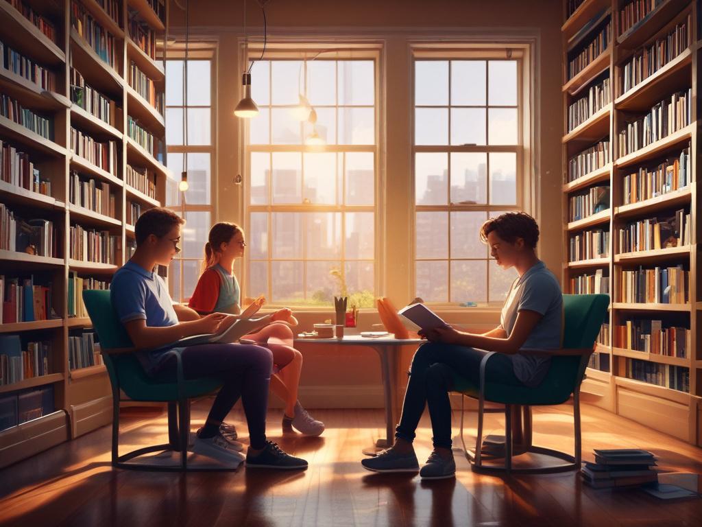 A group of enthusiastic young students reading books in a