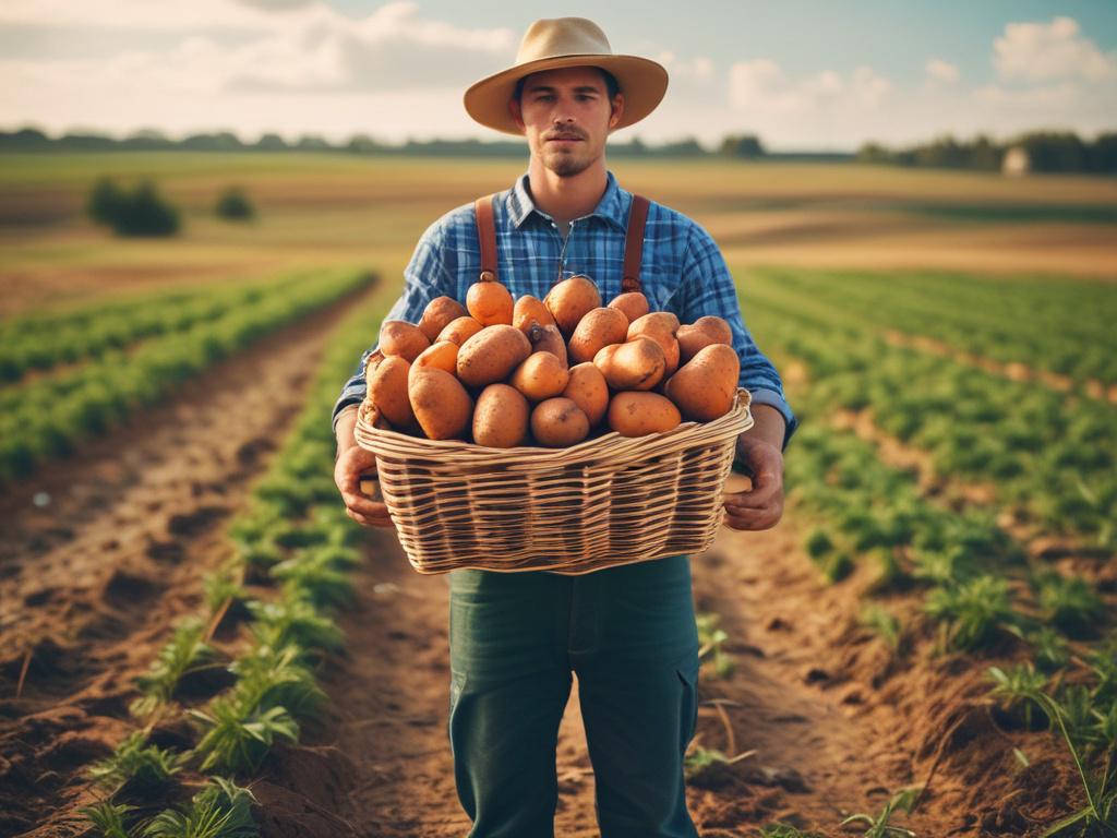 A young farmer proudly holding a basket of freshly harvested