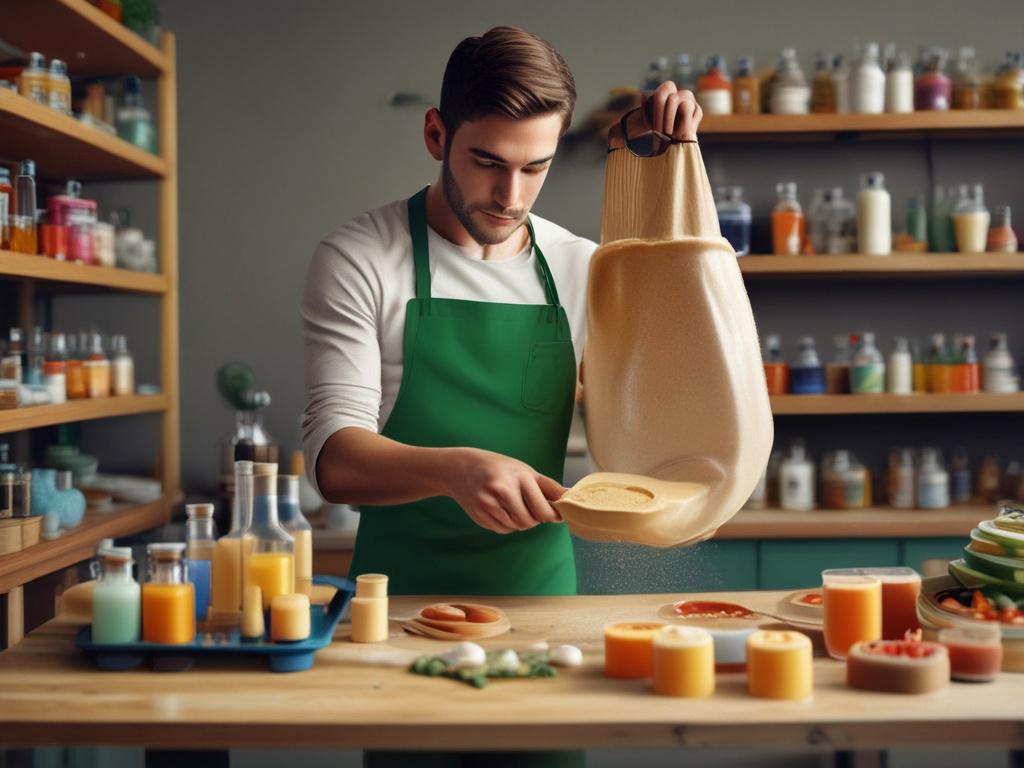 A young person making soap from used cooking oil, with