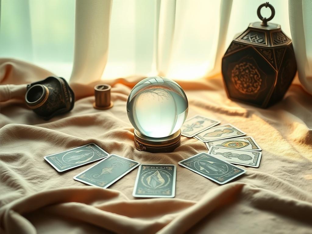 A serene and inviting space with a tarot reading setup, featuring a crystal ball, tarot cards spread out on a soft, velvet cloth. Gentle lighting creates a calming atmosphere, with soft green tones in the background. The composition should be simple and clear, focusing on the tarot setup, evoking a sense of peace and spiritual exploration.