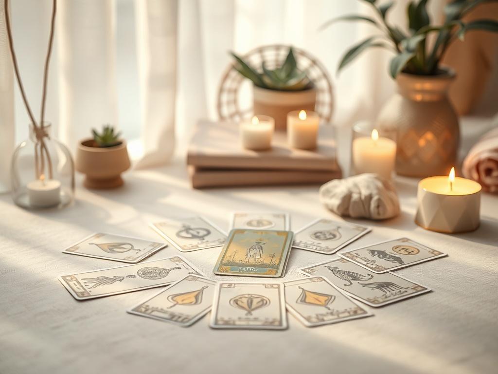A serene and inviting space featuring a single tarot card spread on a table, surrounded by soft, gentle lighting. The background showcases calming elements like plants or crystals, evoking a peaceful atmosphere. The colors should harmonize with soft tones, incorporating the primary color rgb(29, 198, 181) subtly in decor.