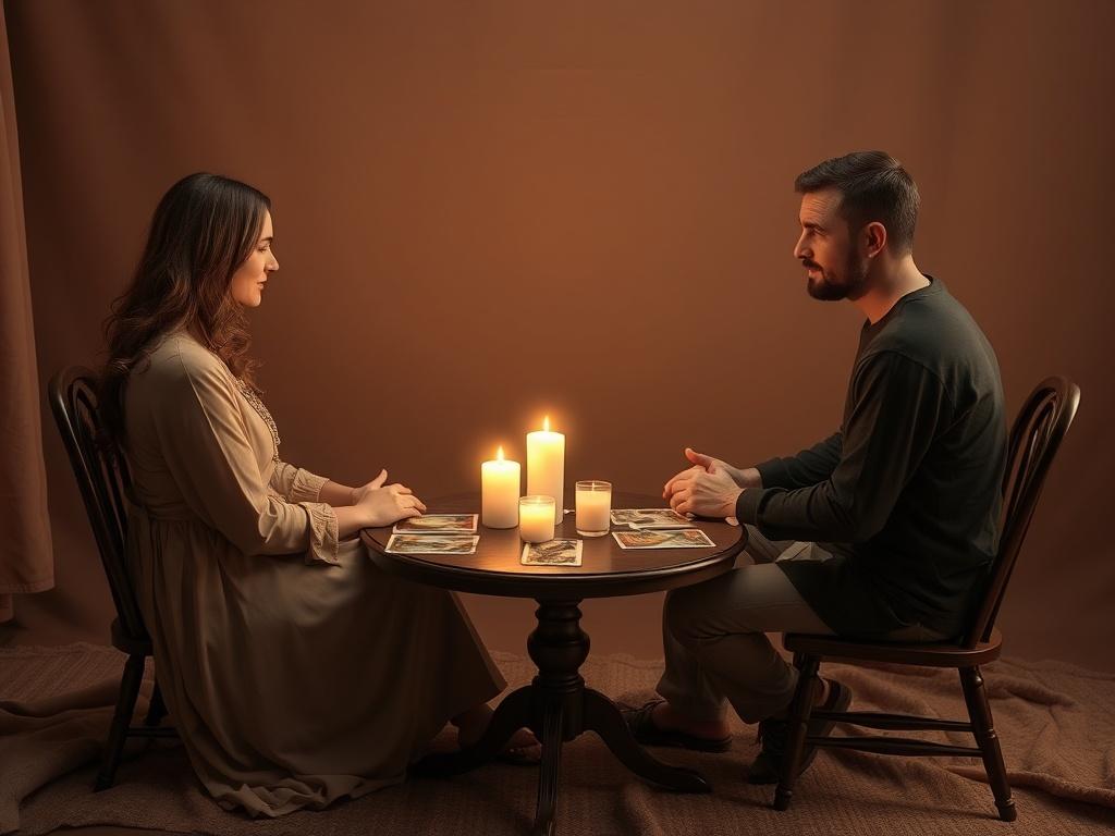 A serene setting with a tarot reader and a client seated across from each other at a small table. The table is adorned with tarot cards spread out, soft candlelight illuminating the scene. The background is composed of gentle, warm colors, creating a peaceful atmosphere. The reader is focused and engaged, while the client looks intrigued and contemplative.