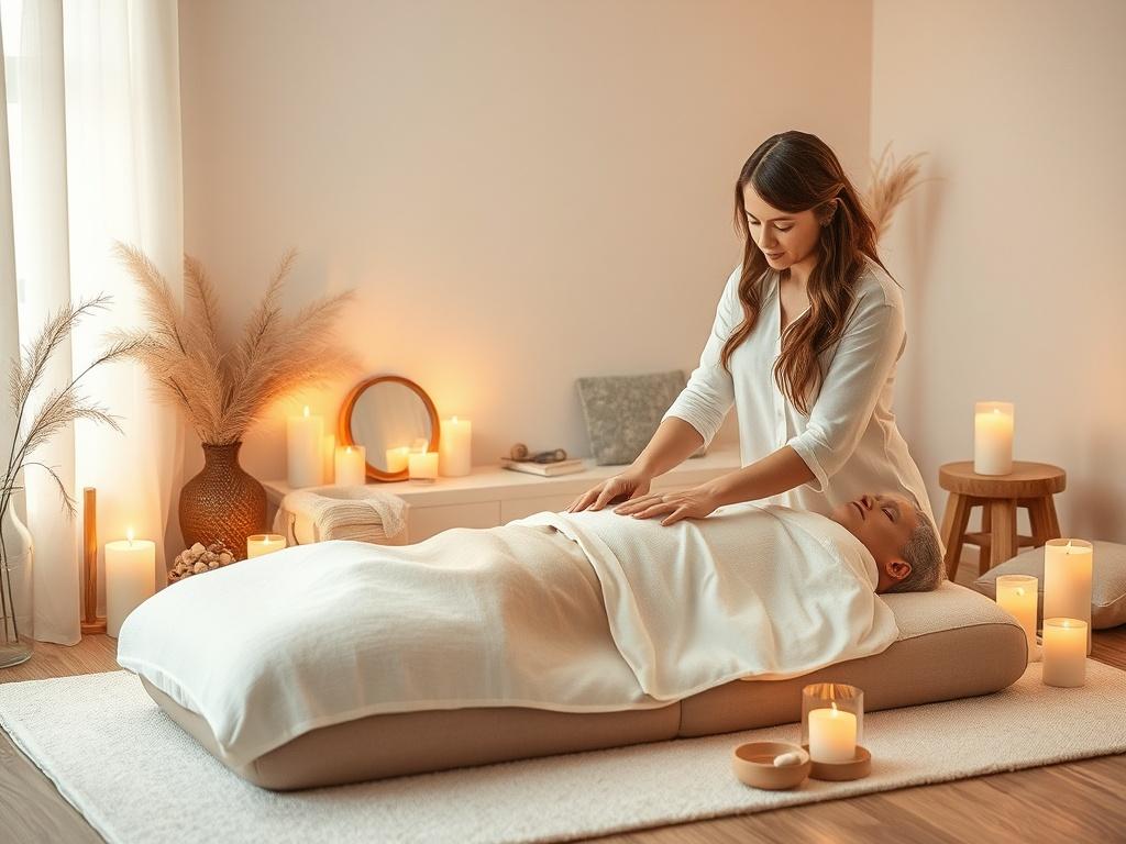 An inviting treatment space with soft lighting and calming decor. A healer gently guides a client lying down, surrounded by soothing crystals and candles. The atmosphere radiates tranquility, with soft colors and nature-inspired elements in the background, creating a safe and welcoming environment for healing.