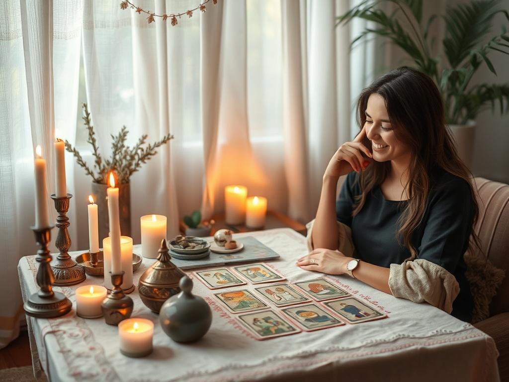 A serene tarot reading session in a cozy room with soft lighting, featuring a table adorned with tarot cards, candles, and crystals. The atmosphere is calming and peaceful, evoking a sense of spiritual exploration. A person is sitting at the table, thoughtfully engaged in a tarot reading, with a gentle smile and a warm ambiance surrounding them.