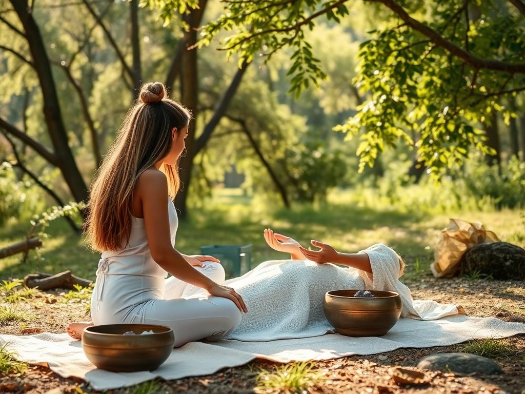 A tranquil energy cleansing session taking place outdoors in a natural setting, surrounded by trees and soft sunlight. A practitioner is gently guiding a client through the process, using crystals and sound bowls. The scene exudes peace and serenity, with a focus on the connection between nature and the healing process.