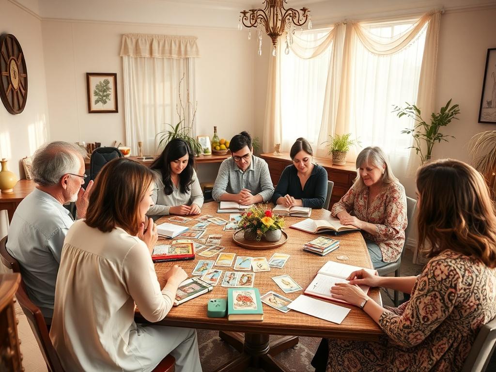 A vibrant tarot learning workshop setting with participants seated around a table, engaged in discussions and card readings. The room is filled with colorful tarot decks, books, and notes. Soft lighting enhances the inviting atmosphere, creating a space for collaboration and learning among participants.