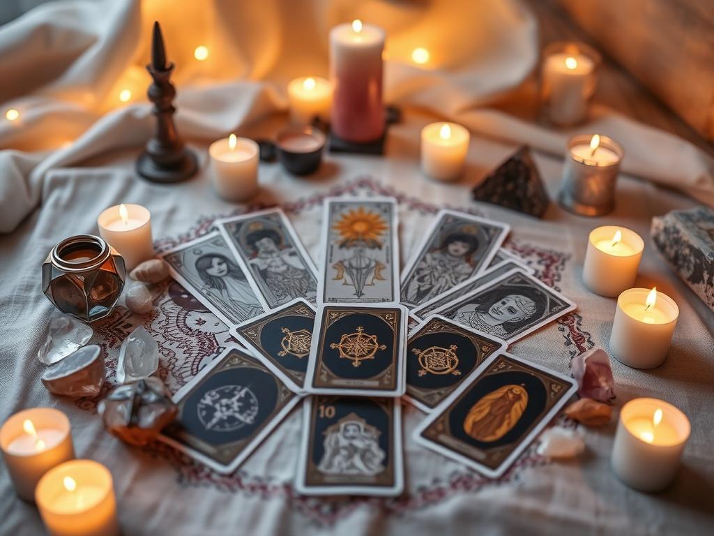 A serene tarot reading setup featuring a beautifully arranged tarot