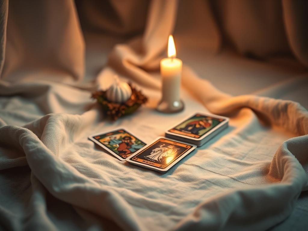 A serene and inviting tarot reading space, featuring a beautifully