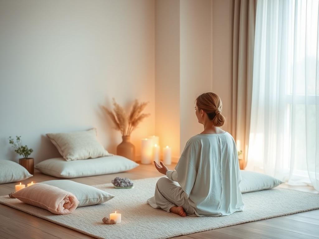 A peaceful energy cleansing session in a softly lit room,