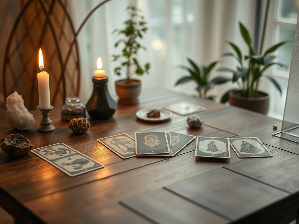 A serene atmosphere with a wooden table set for a