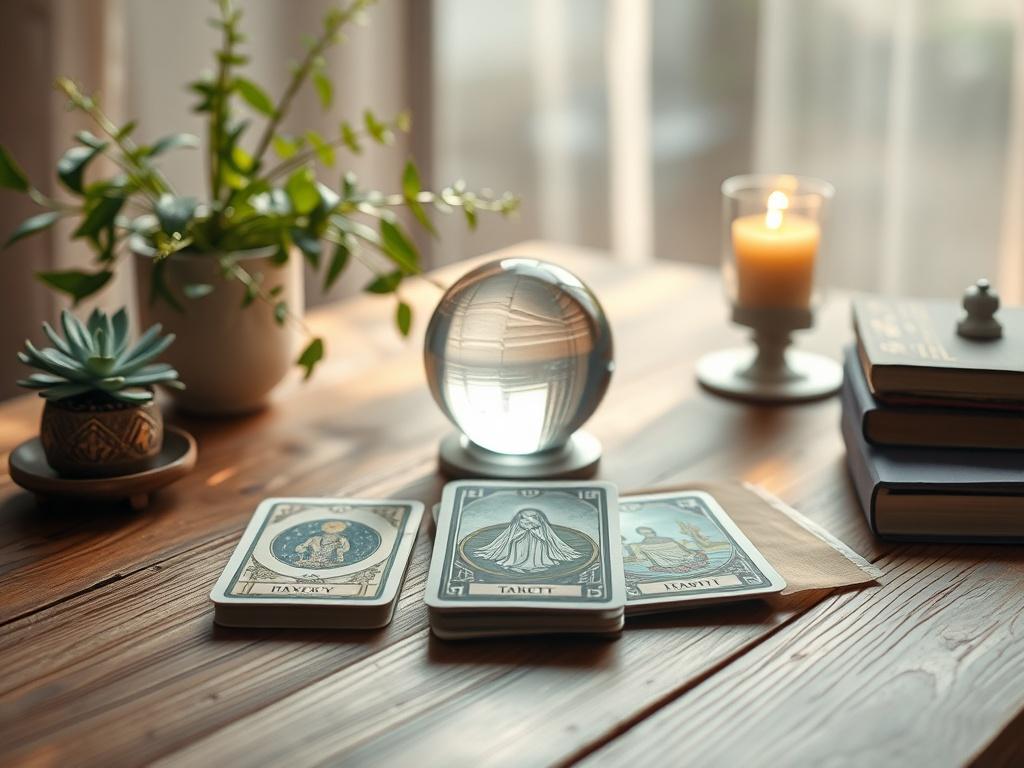 A serene tarot reading setup featuring a beautifully arranged tarot