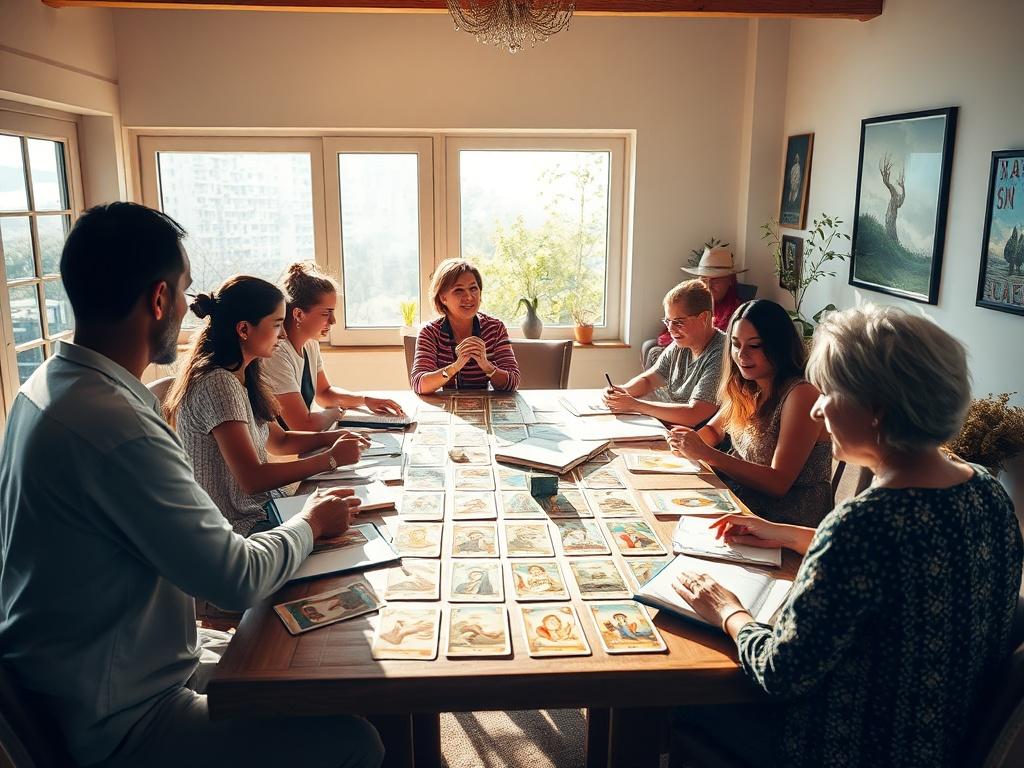 A vibrant tarot learning workshop in progress, with a diverse