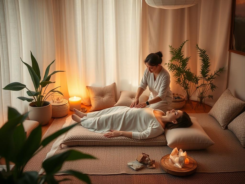 A tranquil setting featuring a healing space with soft cushions