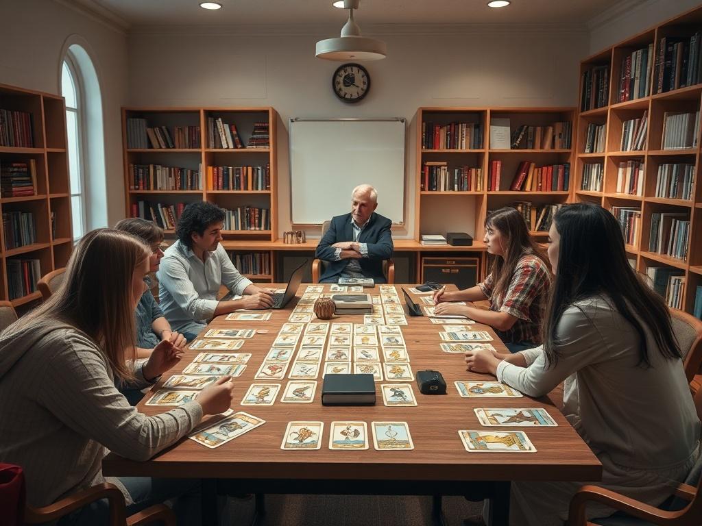 An inviting classroom setup with tarot cards laid out on