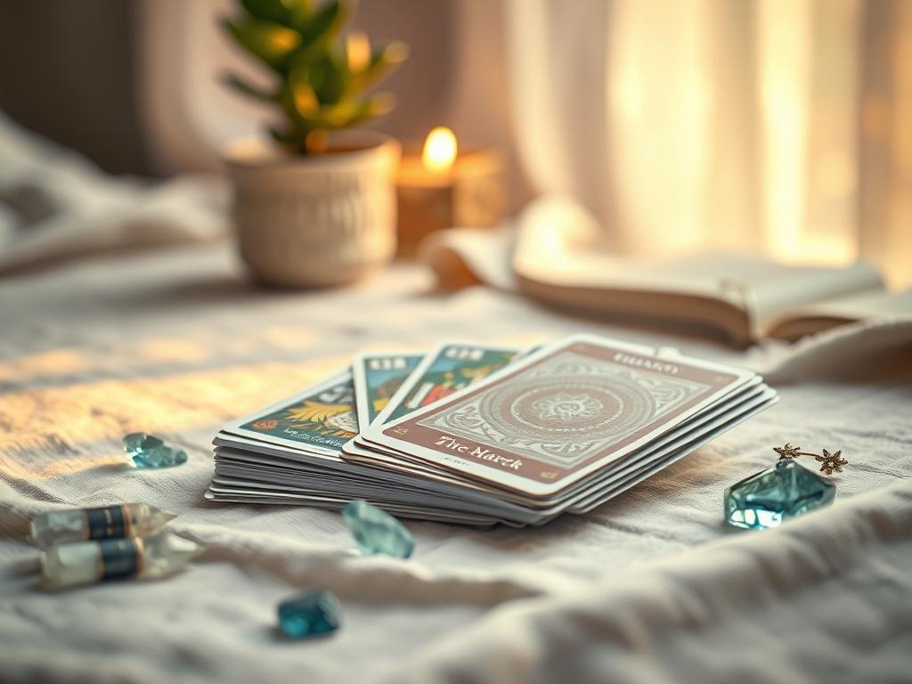 Create a realistic high-resolution photo of a serene tarot reading setup, focused on a single professional-grade tarot deck laid flat on a softly textured cloth. The deck should be partially fanned out, displaying intricate card designs with vibrant yet calming colors, showcasing the art of tarot. Surrounding the deck, include a few delicate crystal stones, ideally in soothing shades of blue and green, reflecting the primary color rgb(29, 198, 181).

The background should be softly blurred to evoke a sense 